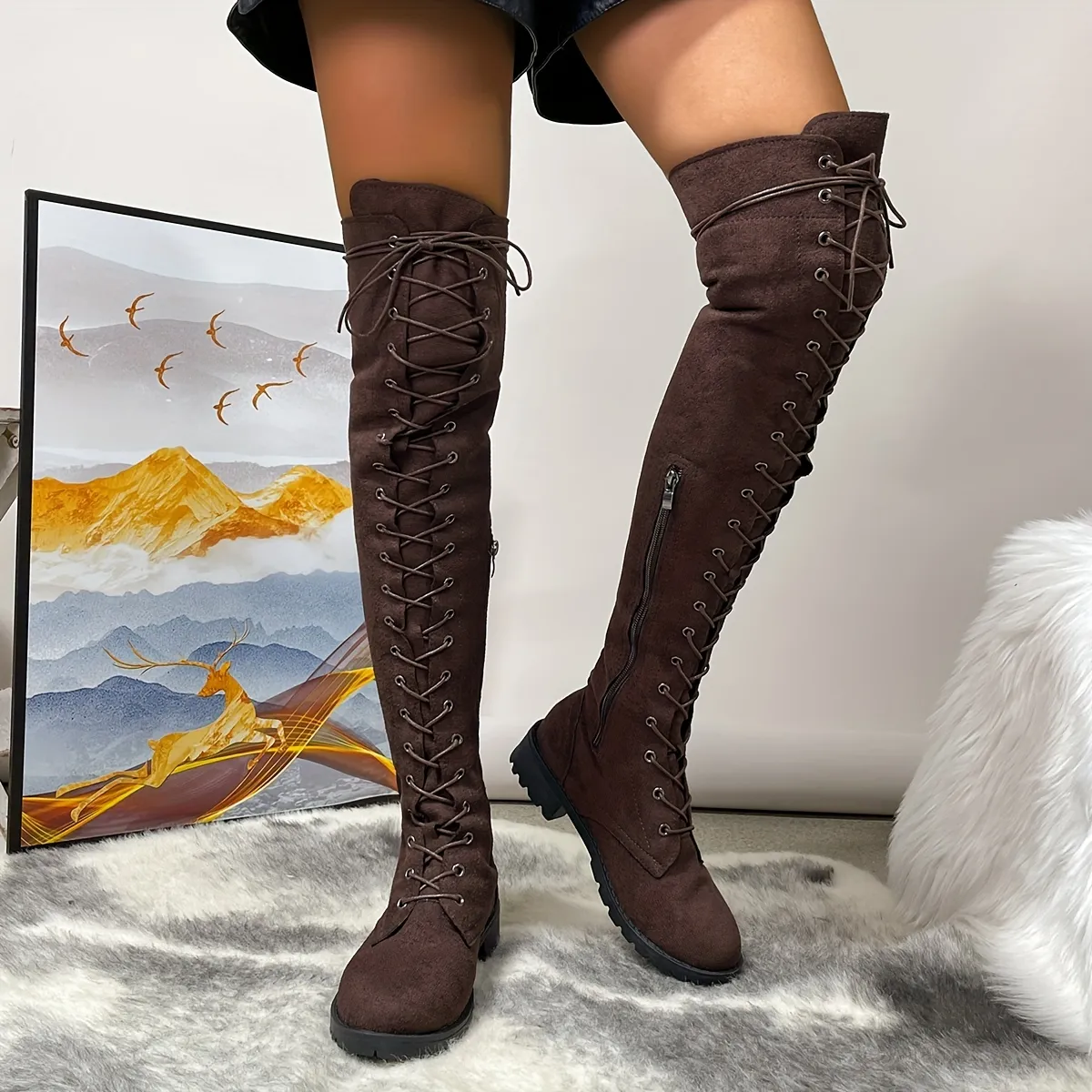 Overknee-Stiefel für Damen, einfarbige Schnürschuhe mit seitlichem Reißverschluss, runde Zehen, klobige Schuhe mit niedrigem Absatz_voghion.com