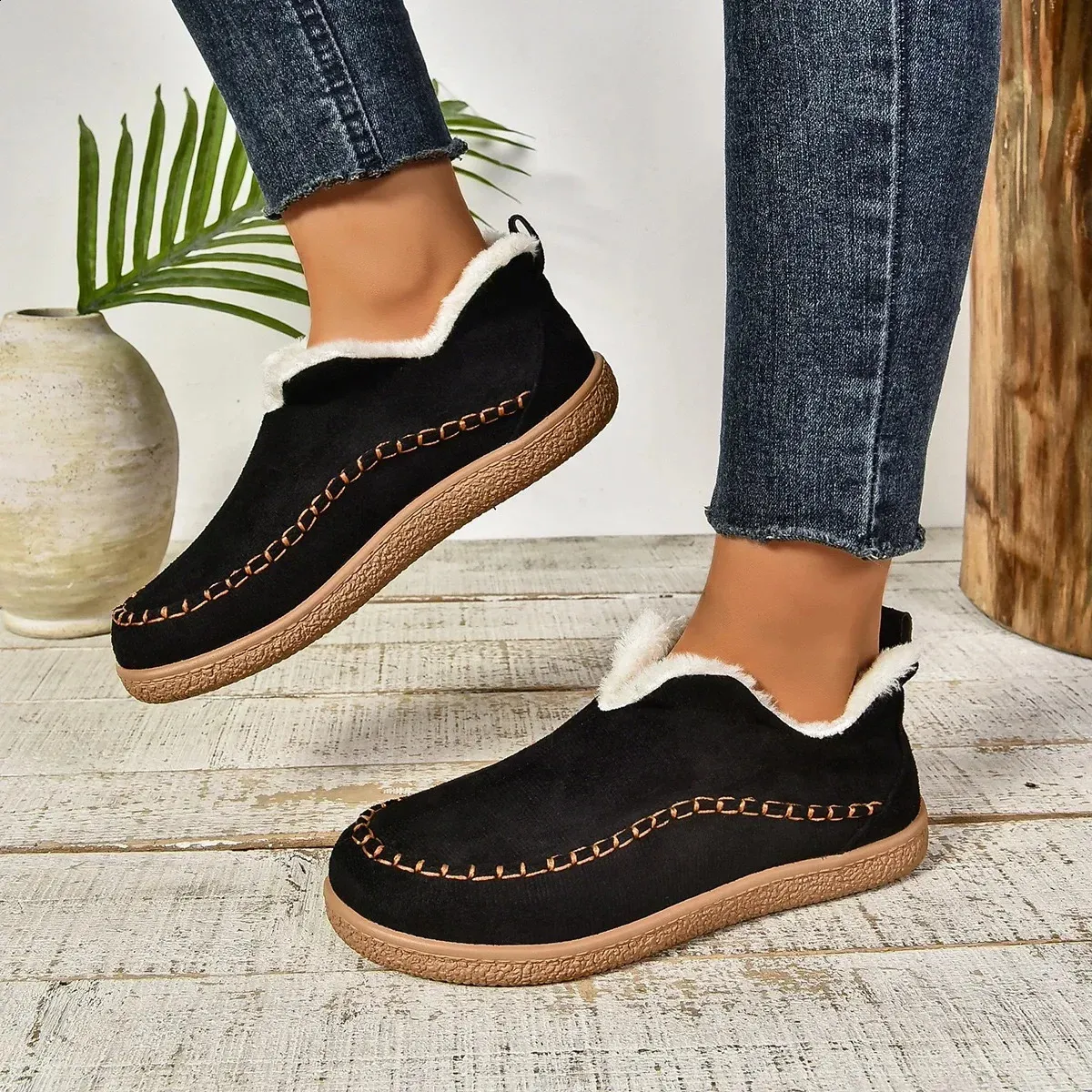 selg long sleeved womens winter round toe plush warm solid flat casual comfortable snow boots 240904_voghion.com