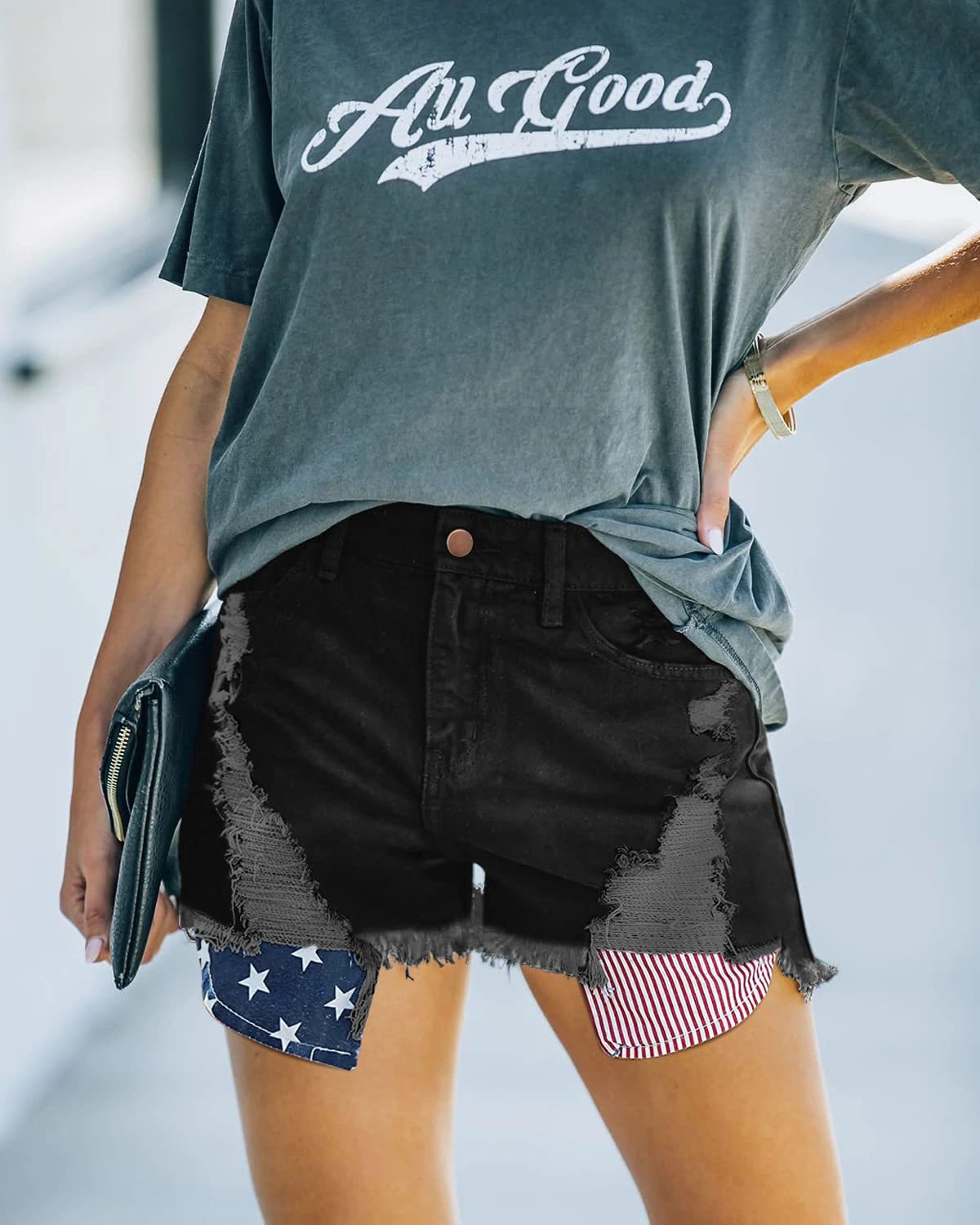 pocket stars and stripes flag ripped tassel jeans short_voghion.com