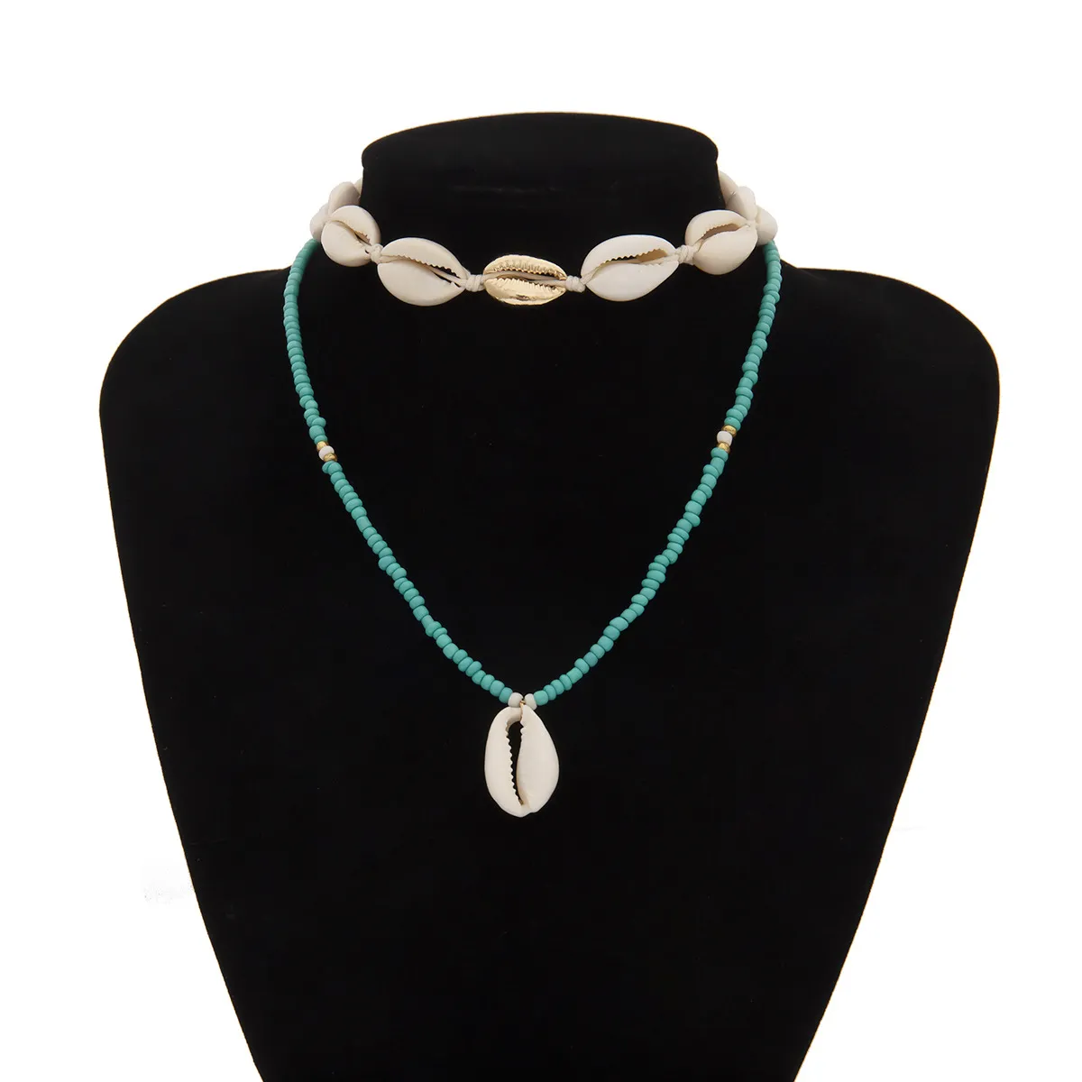 Collier ras du cou en coquillage pour femme, chaîne tendance, pour l'été, la plage, fait à la main, double couche de perles de rocaille, pendentif conque_voghion.com