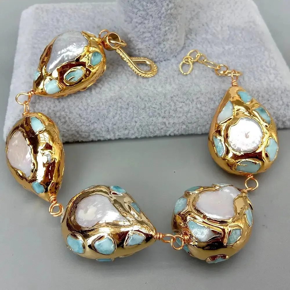 Pulsera de perlas y larimar chapada en oro para mujer_voghion.com