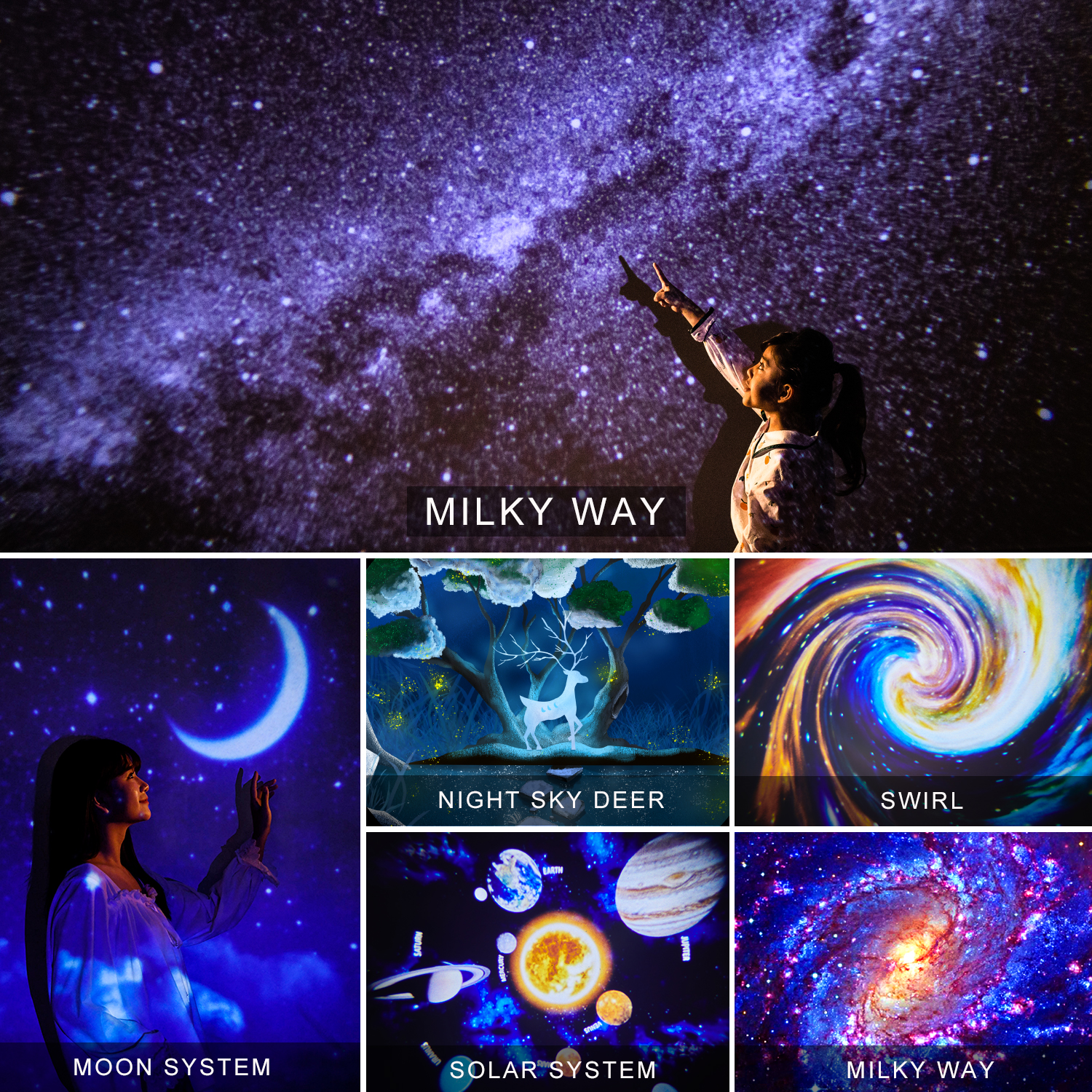Proiettore stellare a LED Luce notturna 6 in 1 Planetario Projectionr Galaxy Starry Sky Proiettore Lampada Luci notturne rotanti USB 우주 무드등_voghion.com