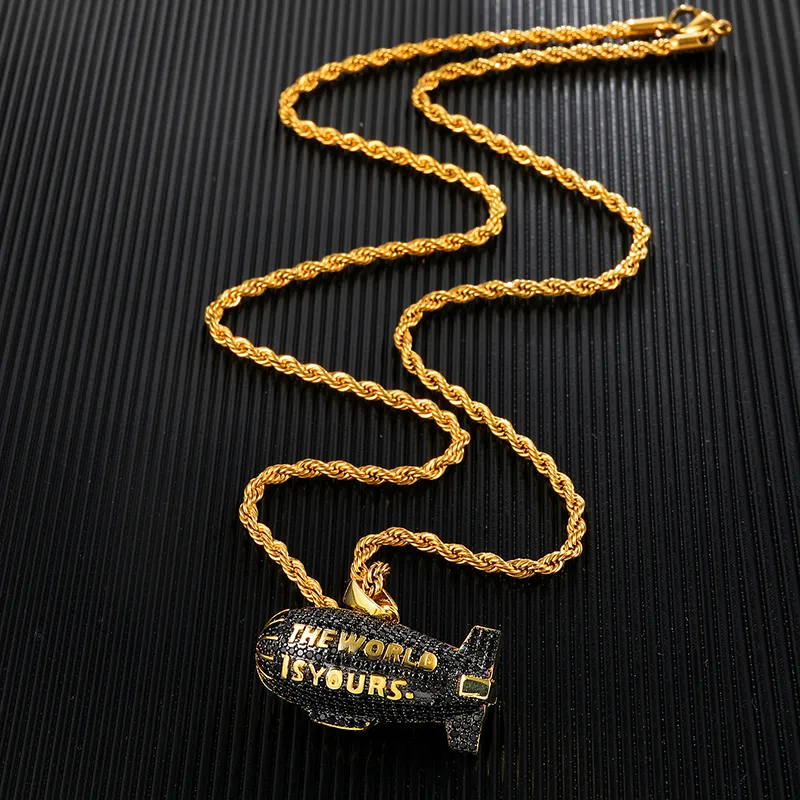 Colliers Pendentif Hip Hop LE MONDE EST À VOUS Blimp Or Couleur Zircon Cubique & Pendentifs Pour Hommes Bijoux Avec Tennis_voghion.com