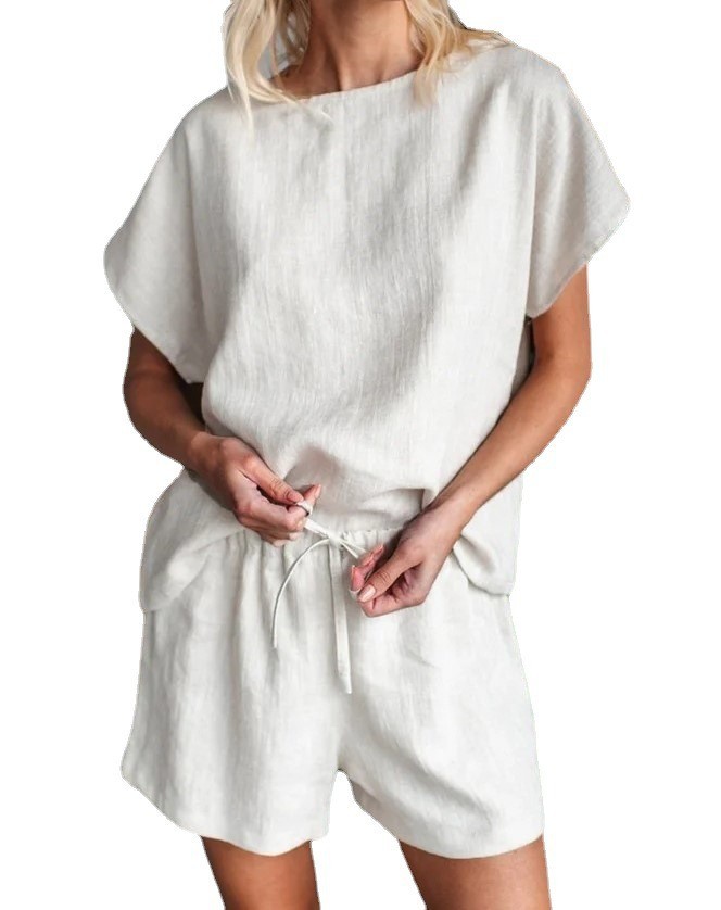 Women's spring short-sleeved urban cotton and linen brown retro fashion casual solid color tops and shorts set_voghion.com