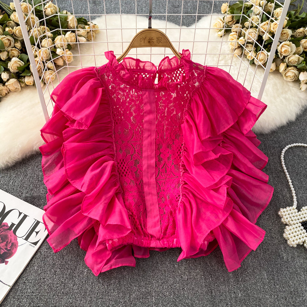 Top corto de moda para mujer, camisa de encaje con cuello levantado hueco de ganchillo con costura de volantes, top corto a la moda para mujer
