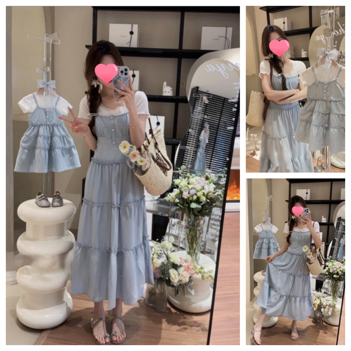 Rochie de familie pentru mame și copii, rochie de vară cu dantelă, cu imprimeu floral, pentru mamă și fiică, fustă minimalistă cu flanșe din două piese_voghion.com