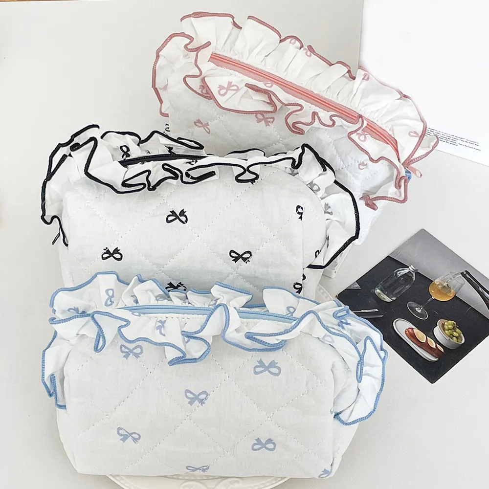 Korea Bow Print Damen Make-up Große Kapazität Tragbare Kosmetiktasche für Reisetoilettenartikel Gekräuselte Kante Kosmetikaufbewahrung_voghion.com