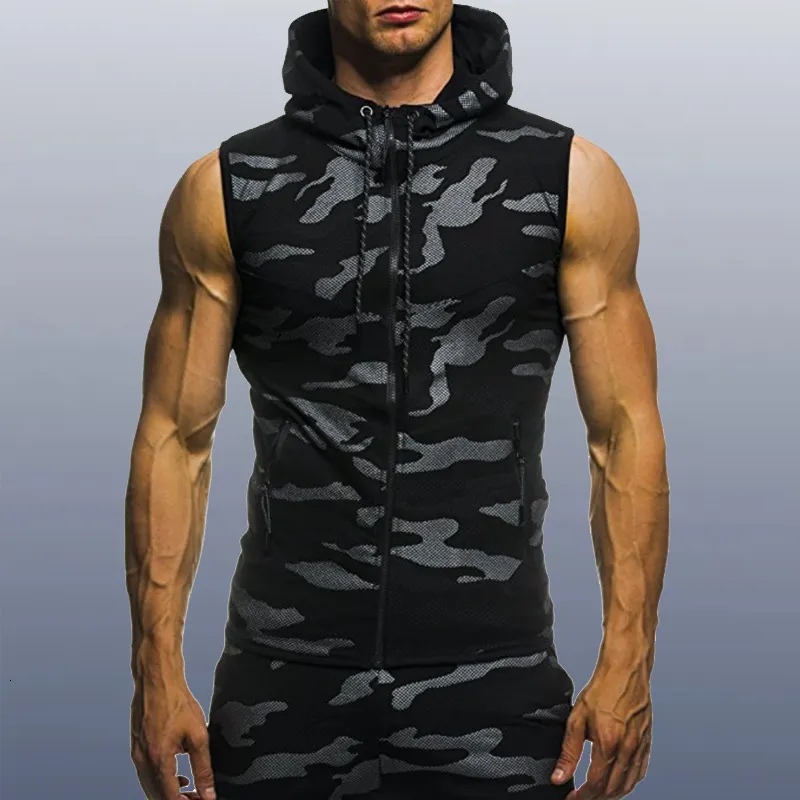 Men's Vests Men Bodybuilding Tank Tops Sleeveless Hoodies Man Casual Camouflage Hooded Vest Male Camo Clothing 230904_voghion.com