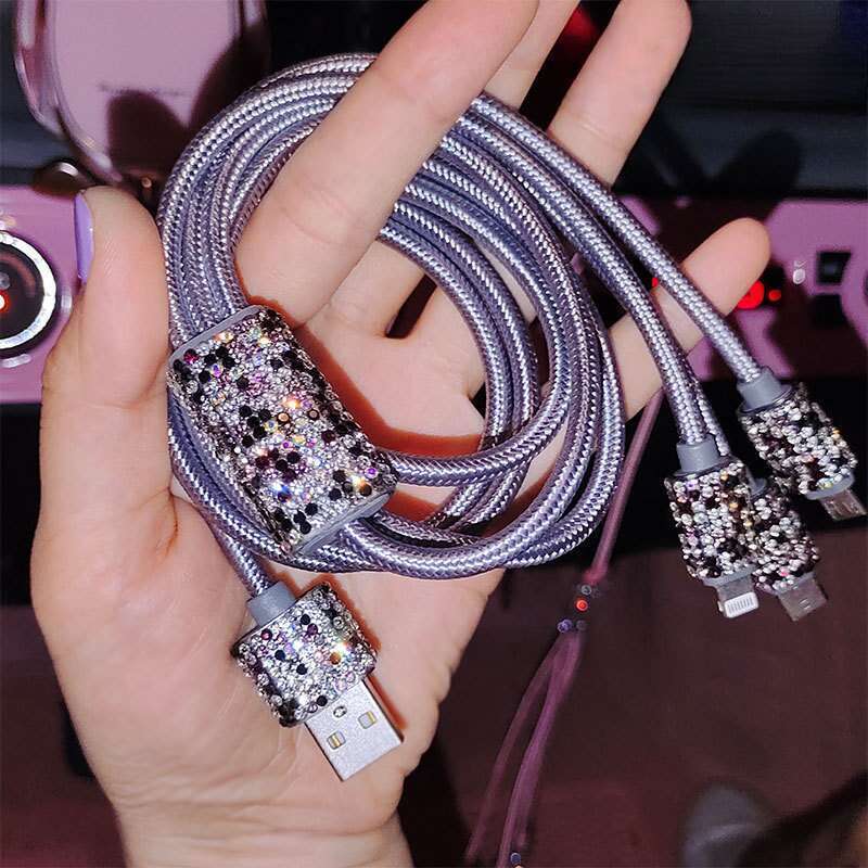 Elmas Gömülü Bir ila Üç Hızlı Şarj Veri Kablosu, Araba USB Çakmak, Cep Telefonu Şarj Cihazı_voghion.com