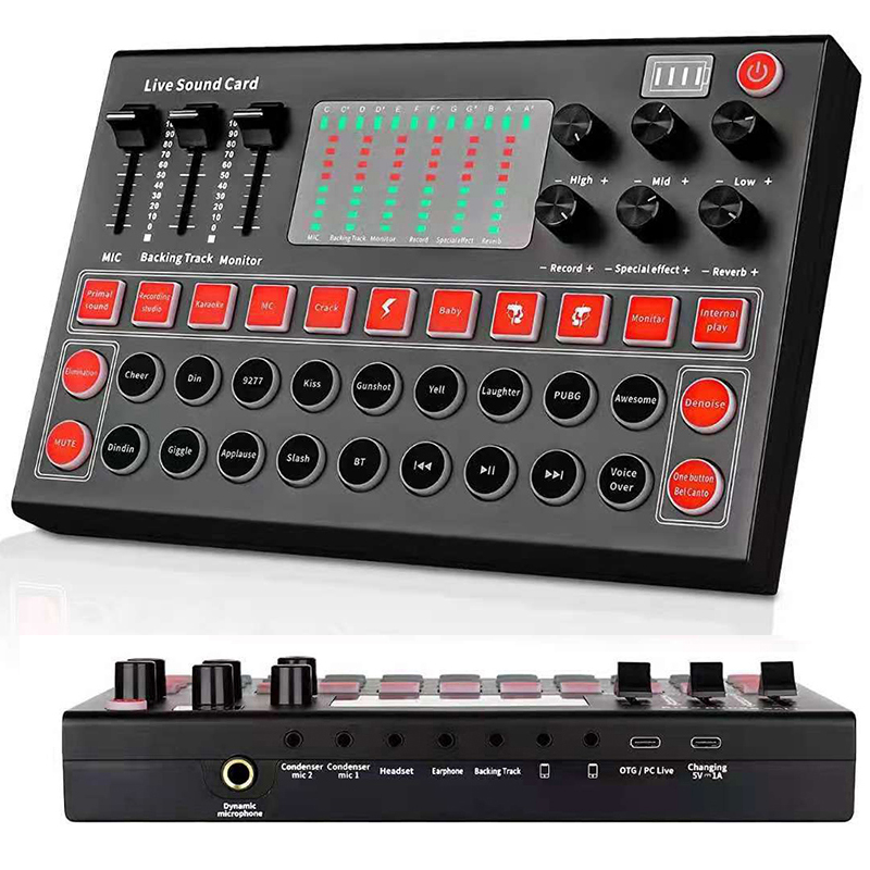 Carte de mixage sonore, changeur de voix de carte son en direct avec plusieurs effets sonores et lumière LED pour mixeur audio en streaming en direct_voghion.com
