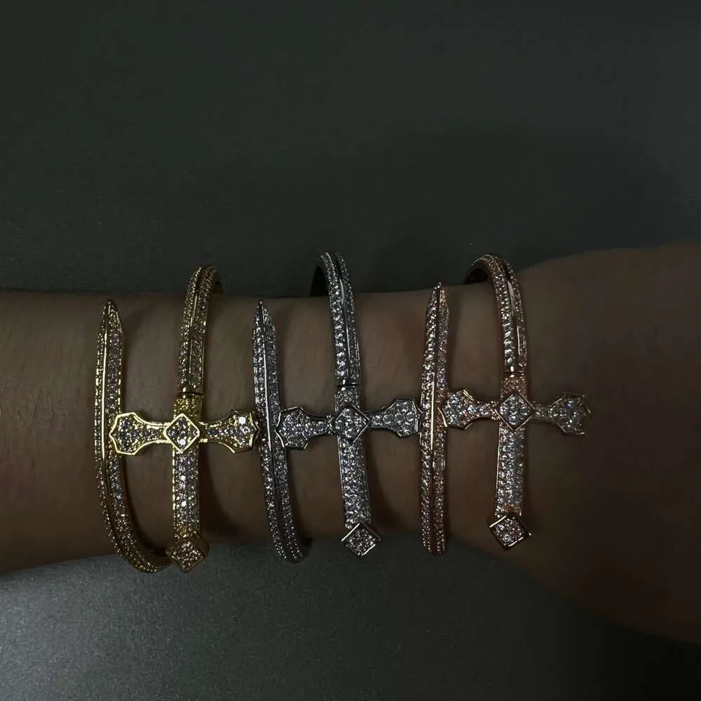 Hip Hop Adalet Kılıcı Bilezik Seti Tam Trend Çok Yönlü El Süsü Küba Moissanite Dia İşlemeli Gümüş Gül Altın_voghion.com