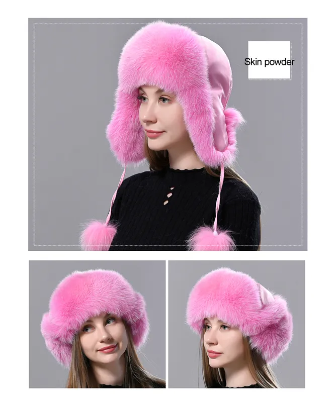 Gorro de aviación ruso de piel natural con orejas Ushanka para mujer, cálido, esponjoso y elegante, gorro de cola para mujer, gorros auténticos de moda para invierno._voghion.com