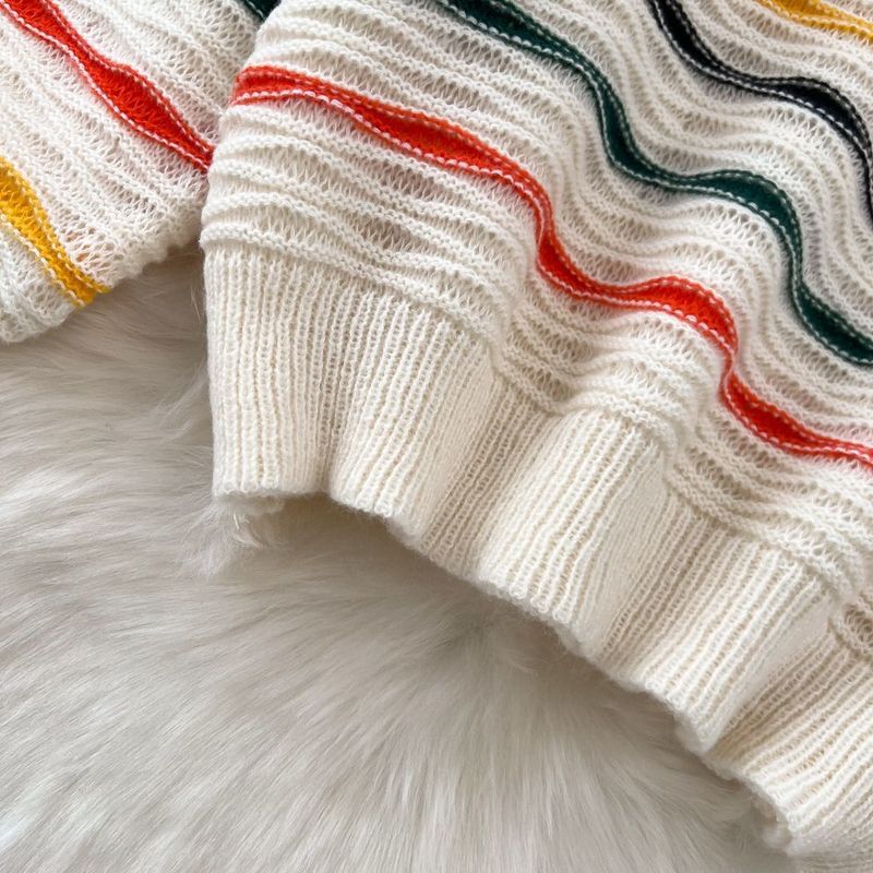 Women's fashion color contrast knit suit ice cream striped top slimming slit skirt_voghion.com