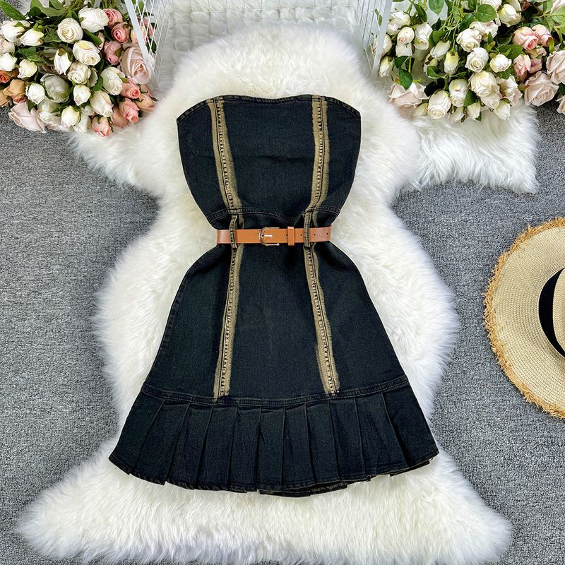 Rochie retro sexy din denim cu tub, cu un umăr, fără spate, cu coadă de pește, plisată pe șold, pentru femei_voghion.com