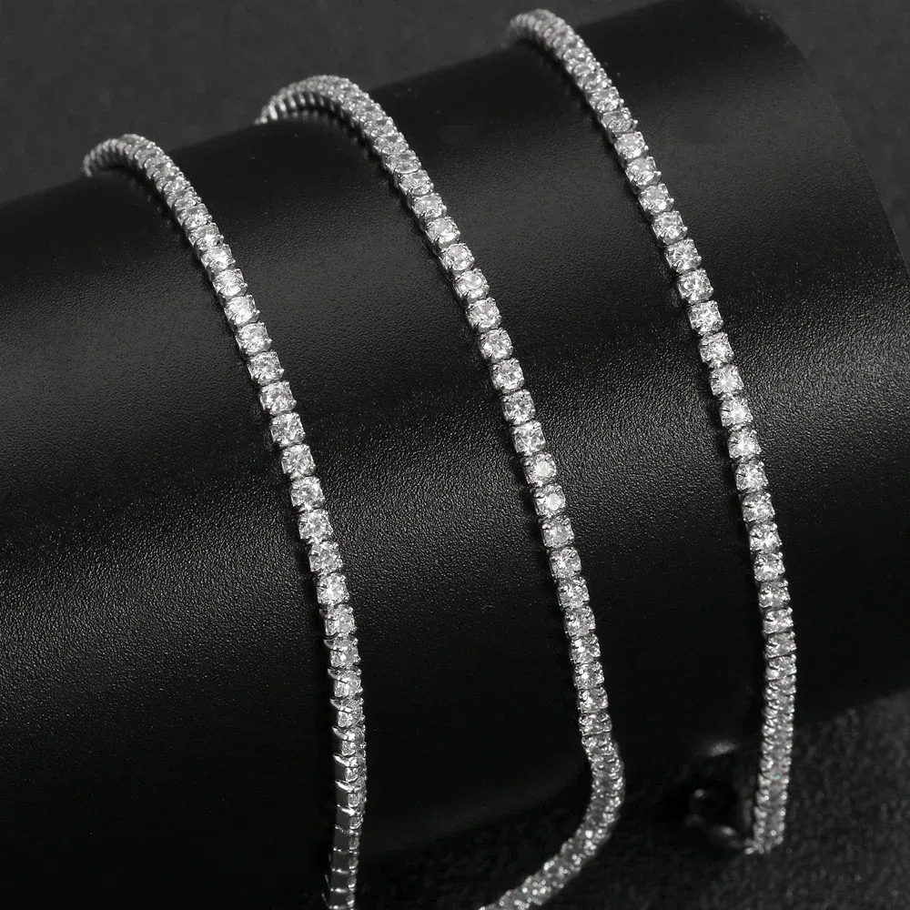 Cadenas finas de 2 mm con diamantes de moissanita y cadena cubana de plata, collar de oro real para mujer, joyería con piedra de circón, collares para el cuello_voghion.com