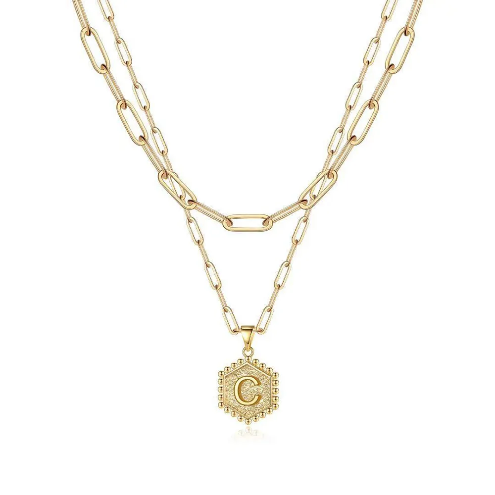 Colliers pendentifs délicats superposés avec initiales pour femmes, chaîne en or avec trombone, collier ras du cou simple avec lettres hexagonales_voghion.com