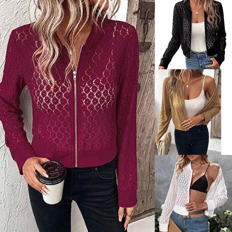 Women's clothing transparent lace long-sleeved zipper front baseball collar pilot jacket cross-border outerwear_voghion.com