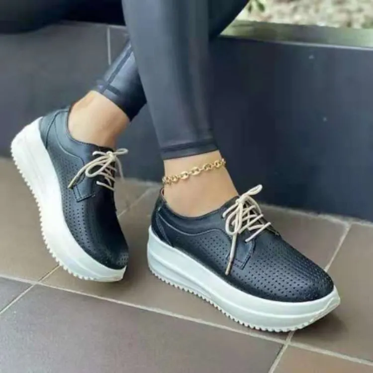 Women's Shoes Fashion Casual Solid Color Hollow Breathable Round Toe Strap Flat-heeled Platform Comfortable Sneaks_voghion.com