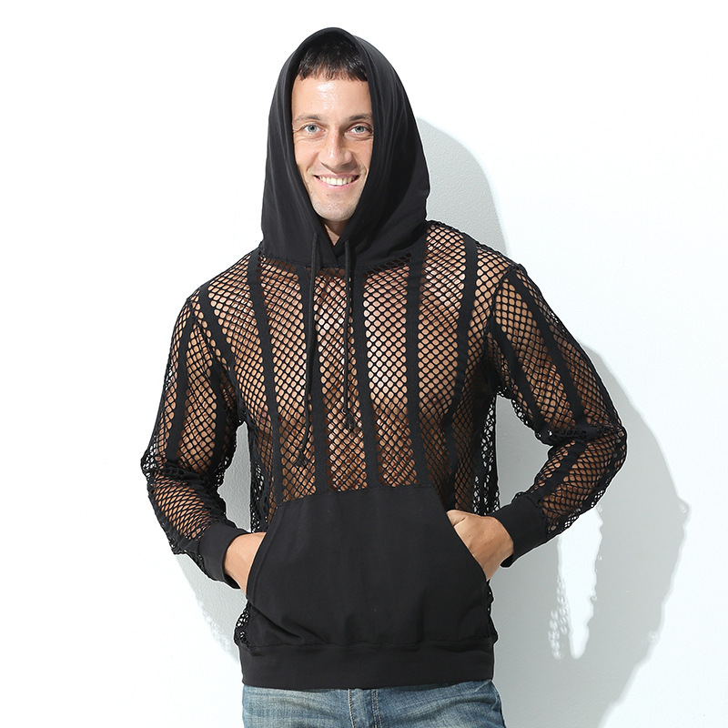 men's clothing plus size men's black mesh print long sleeve t-shirt men's slightly transparent versatile stretch bottom shirt men_voghion.com