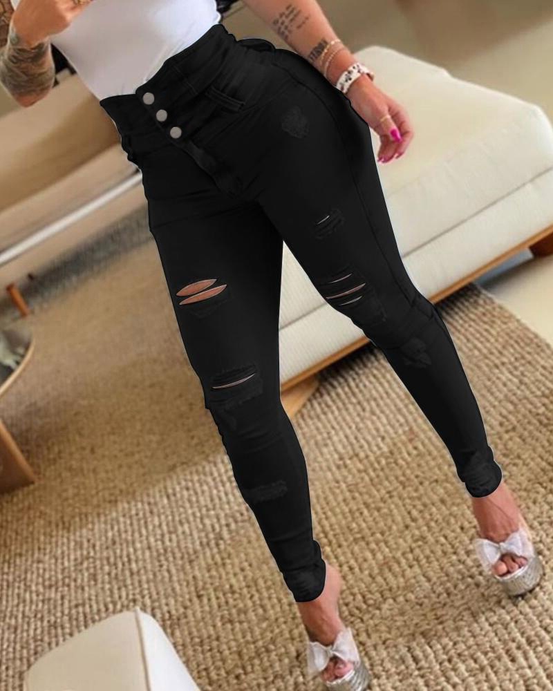 Vêtements pour femmes Nouveaux pantalons en denim slim taille haute Pantalons déchirés à petite jambe_voghion.com