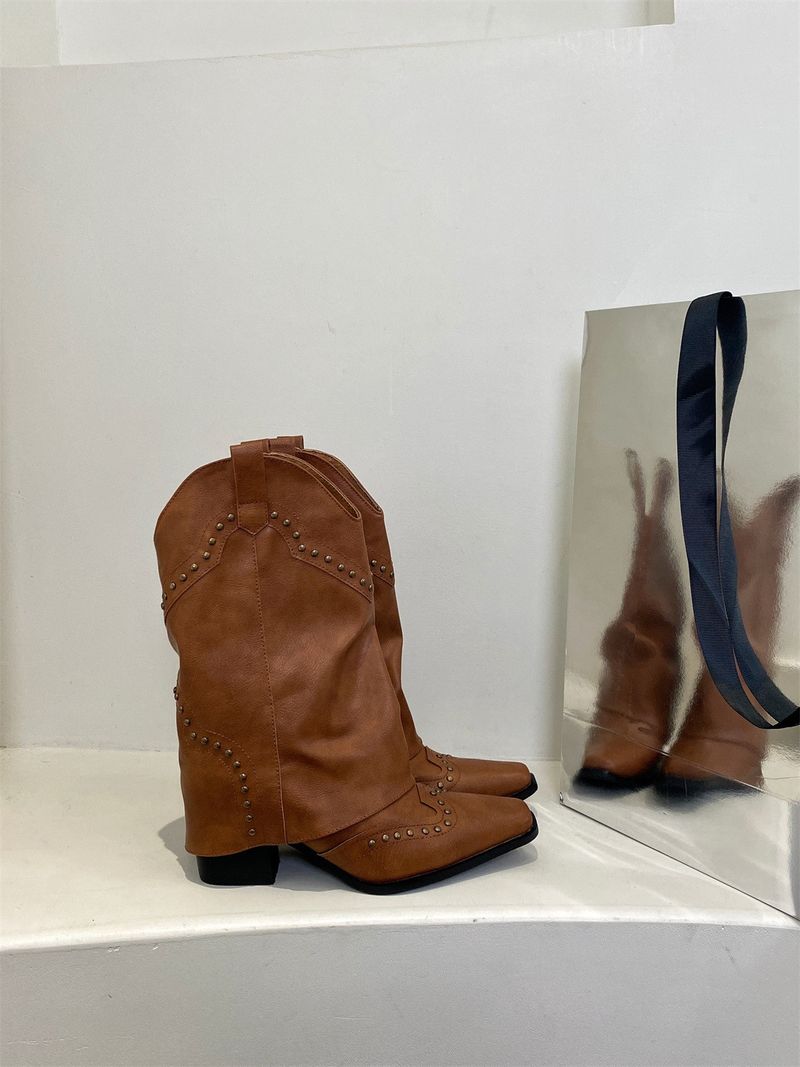 Pruunid püksid, Western Cowboy naiste saapad, 2024. aasta uued kevadised ja sügisesed V-kaelusega pika sääre ratsasaapad_voghion.com