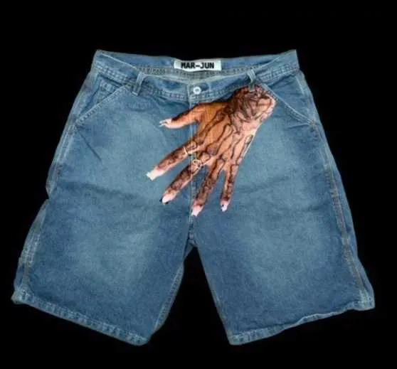 Pantaloni sportivi da uomo in denim con stampa a mano, stile retrò hip-hop, blu, Y2K, gotici, Haruku, pantaloncini da basket, pantaloni lunghi X240914_voghion.com
