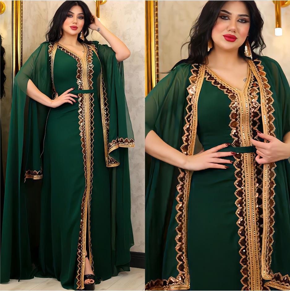 Women's sequin dress suit chiffon two-piece dress cape robe