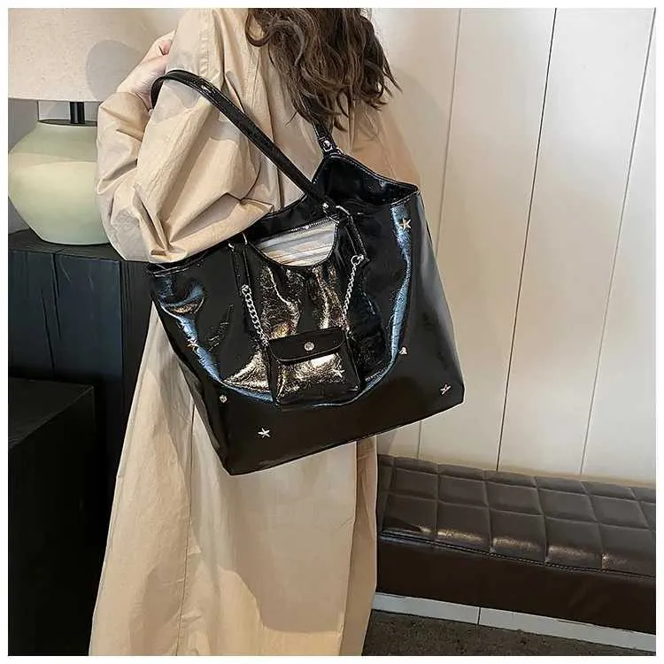Sacs à bandoulière en cuir PU solide pour femmes, sacs de loisirs de grande capacité pour les déplacements féminins, sacs sous les bras avec étoiles et appliques, poignée_voghion.com