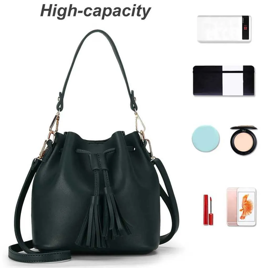Fashion PU Leather Tassel Drstring Crossbody Kwastje Emmer Handtas Women Solid Color Shoulder Bag SmallC241103_voghion.com