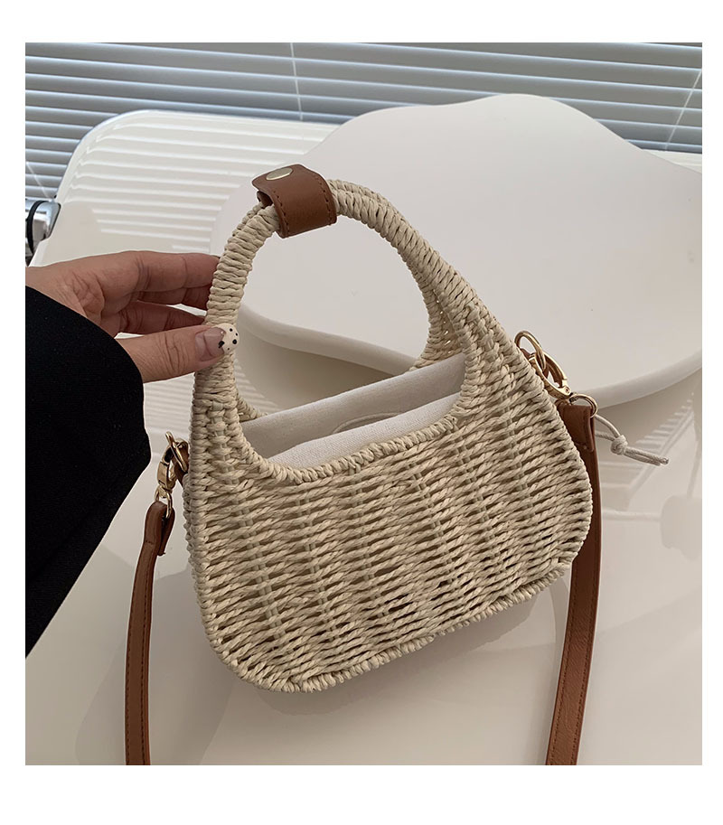 Einteilige Umhängetasche aus Stroh, vielseitige handgehaltene Strohtasche, gewebte Tasche, Urlaubs-Strandtasche, koreanische Rattantasche_voghion.com