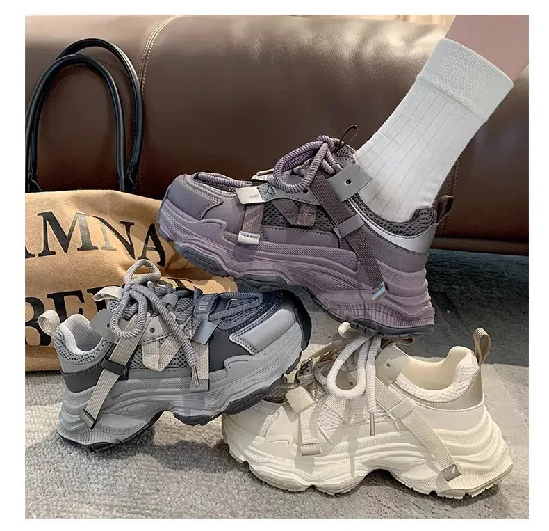 Dames Chunky Sneakers Lente Ademend Mesh Platform Sport Vrouw Mode Veterschoenen Dikke Zool Casual Schoenen Mujer 240618_voghion.com
