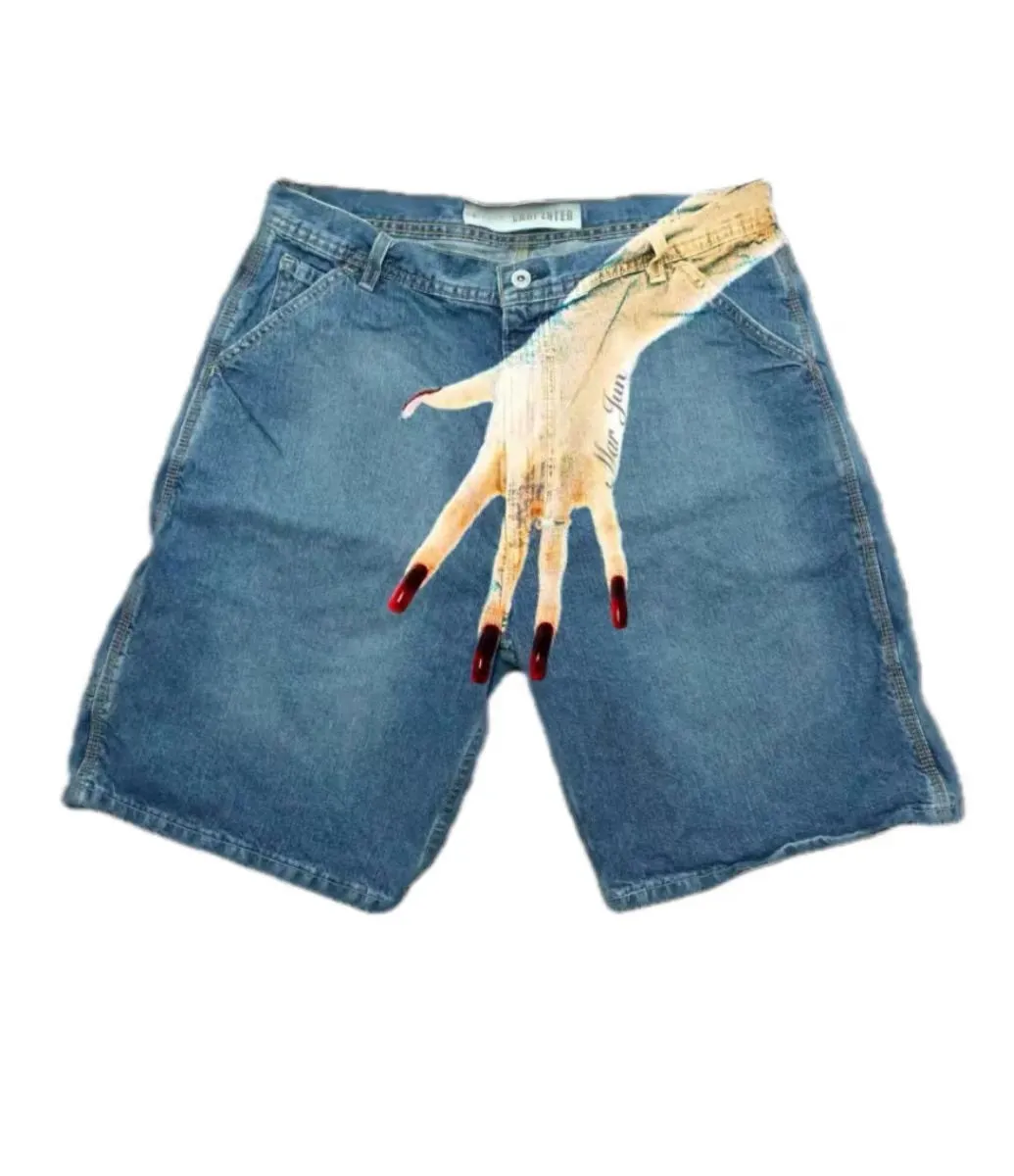 Bărbați Y2K blugi Streetwear hip hop dreaptă lejeră pantaloni scurți denim imprimați la modă model High Street casual cargo boy_voghion.com