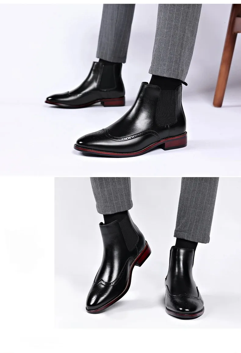 Botas clásicas retro para hombre, de piel brogue, hasta el tobillo, estilo británico, zapatos de negocios informales cortos 240611_voghion.com