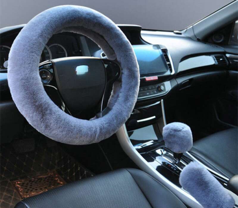 Steering Winter Otter Rabbit Fur Car Steering Wheel Plush Cartoon Handle Cover Three Piece Set Universal_voghion.com