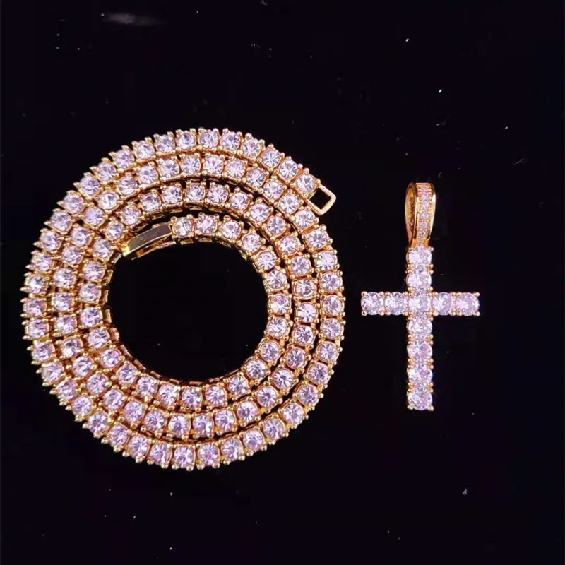 Colares com pingentes Homens Mulheres Hip Hop Cruz Colar com 4mm Zircon Tennis Chain Iced Out Bling HipHop Jóias Moda_voghion.com