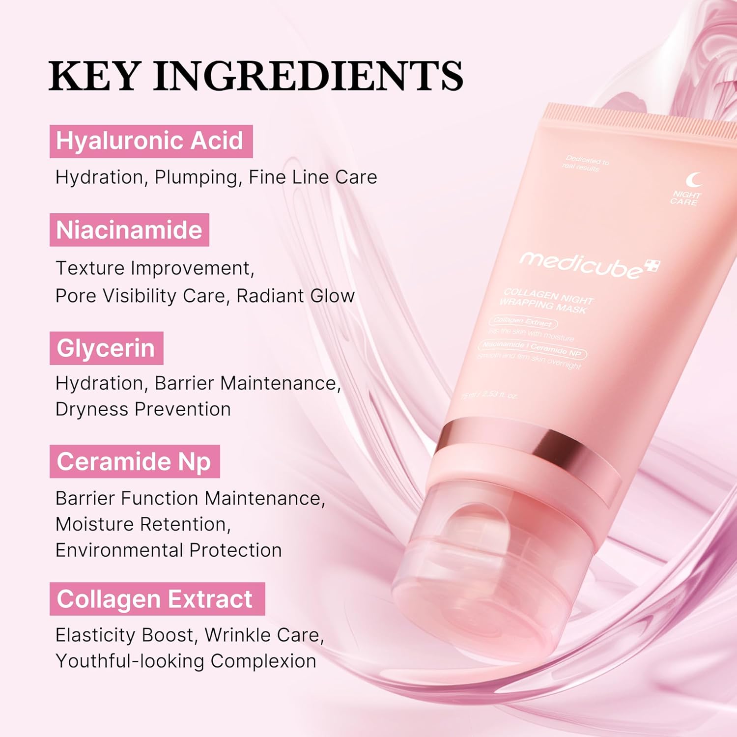 Mascarilla facial despegable con envoltura nocturna de colágeno Medicube, cuidado que aporta elasticidad e hidratación, reduce la flacidez y la opacidad, colágeno hidrolizado_voghion.com