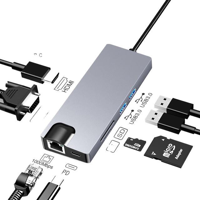 9-u-1 USB C Hub adapter s 4K HDMI VGA Gigabit Ethernet Thunderbolt 3 SD/TF 3,5 mm audio USB Hub za MacBook Pro/Air prijenosna računala_voghion.com