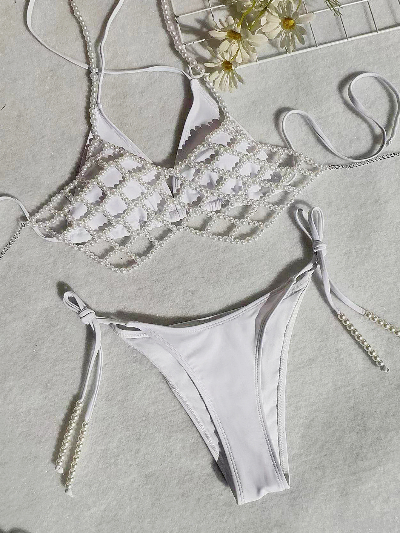 Maillot de bain avec bretelles en chaîne de perles pour femmes, bikini sexy, fente avancée, costume trois pièces_voghion.com