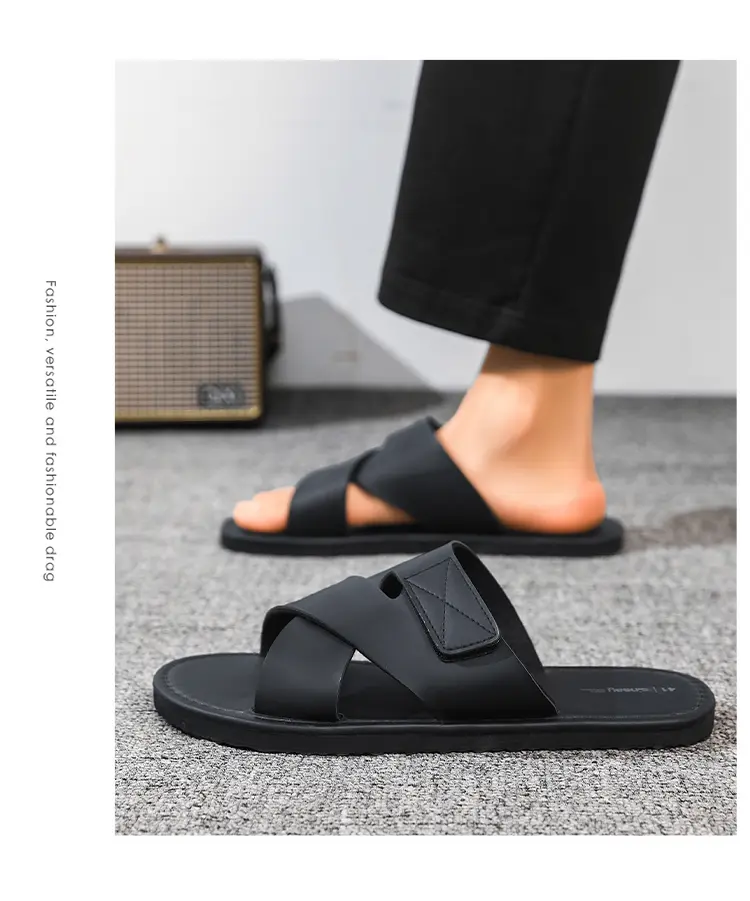Men's Leather Texture Slippers Fashionable Versatile Home Shoes_voghion.com