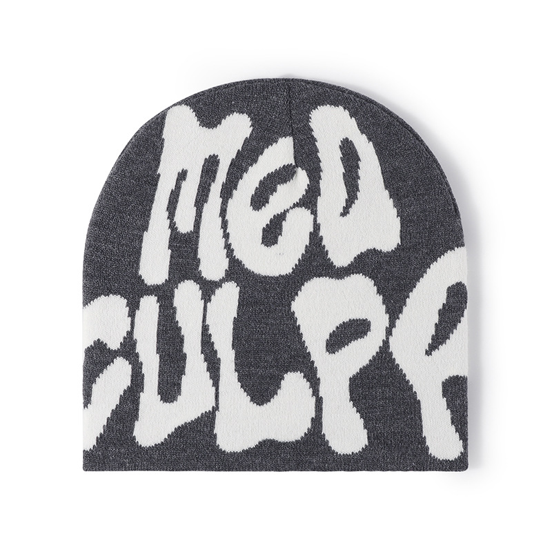 Bonnet tricoté universel pour hommes et femmes en jacquard avec lettres européennes et américaines, chapeau en laine chaud d'extérieur, chapeau froid sans bord personnalisé_voghion.com