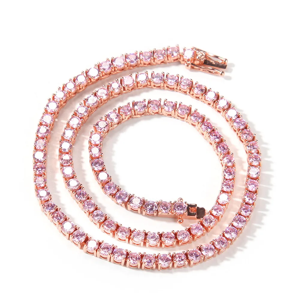 2024 Niedlicher junger Stil für Männer und Frauen, Durchmesser komplett vereist, 4 mm, benutzerdefinierte Farbe, Regenbogen, bunt, Zirkonia, Pink Cz, Tenniskette_voghion.com