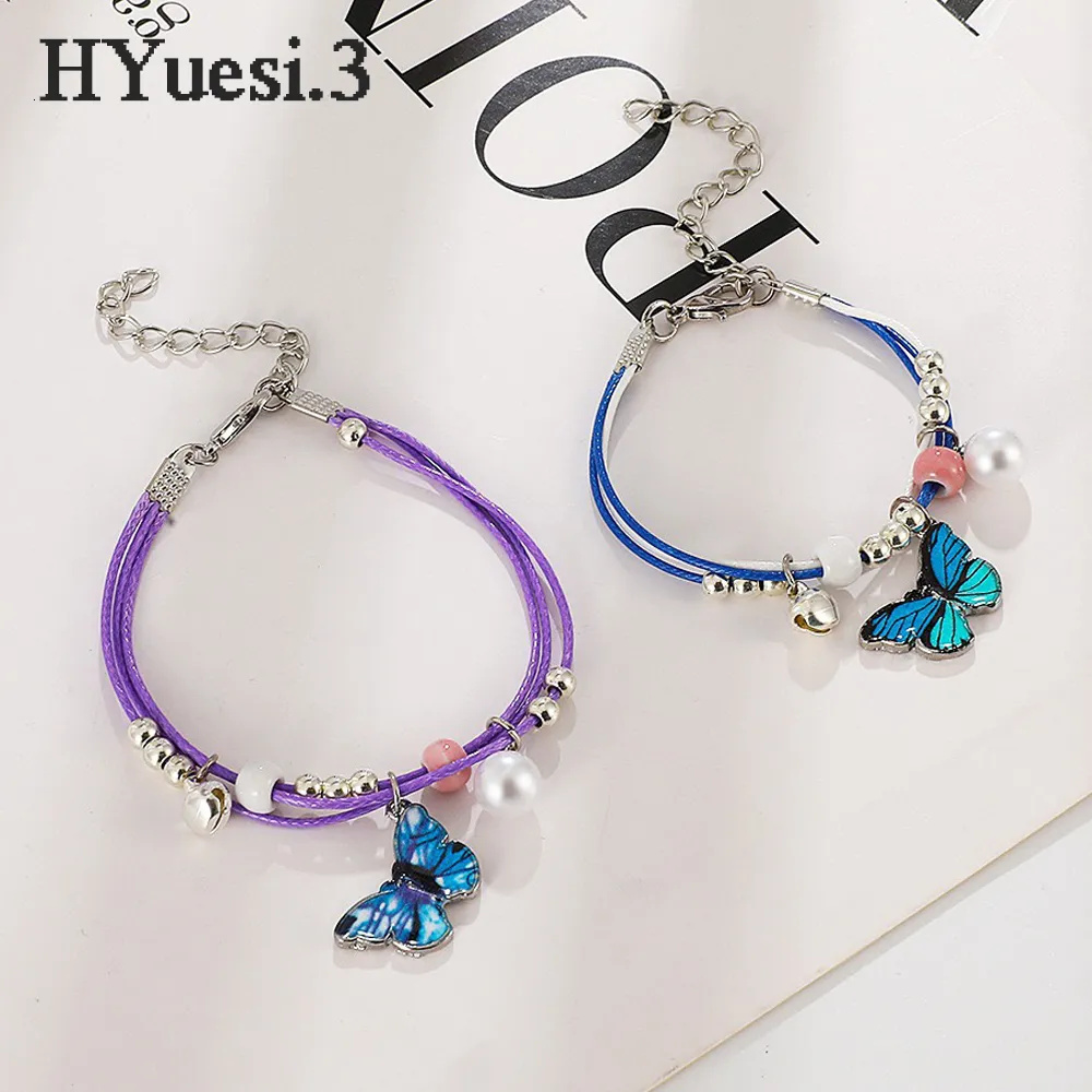 Bracelet de cheville en métal avec perles et papillon pour l'été, bracelet de cheville en corde tissée réglable et colorée pour femmes, filles et enfants_voghion.com