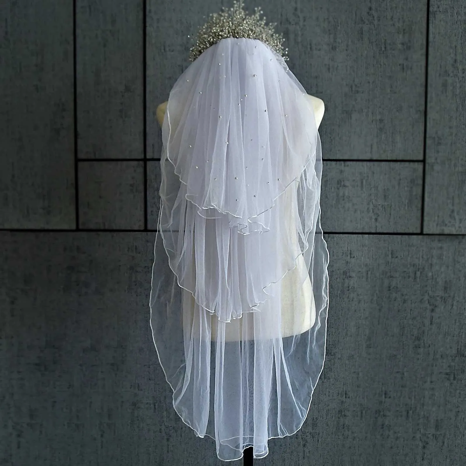 Hair Jewelry MZA32 2 Tier Veil With Blusher Pearls Bridal Veils Elbow Length Wave Pencil Edge Soft Wedding Accessories_voghion.com