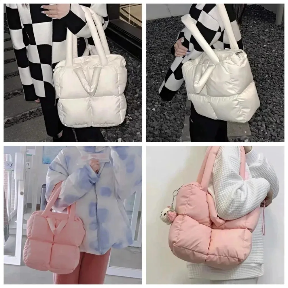 Borsa a tracolla grande capacità imbottita in nylon trapuntato, borsa a mano in piuma, borsa per la spesa in cotone morbido e imbottito 240912_voghion.com