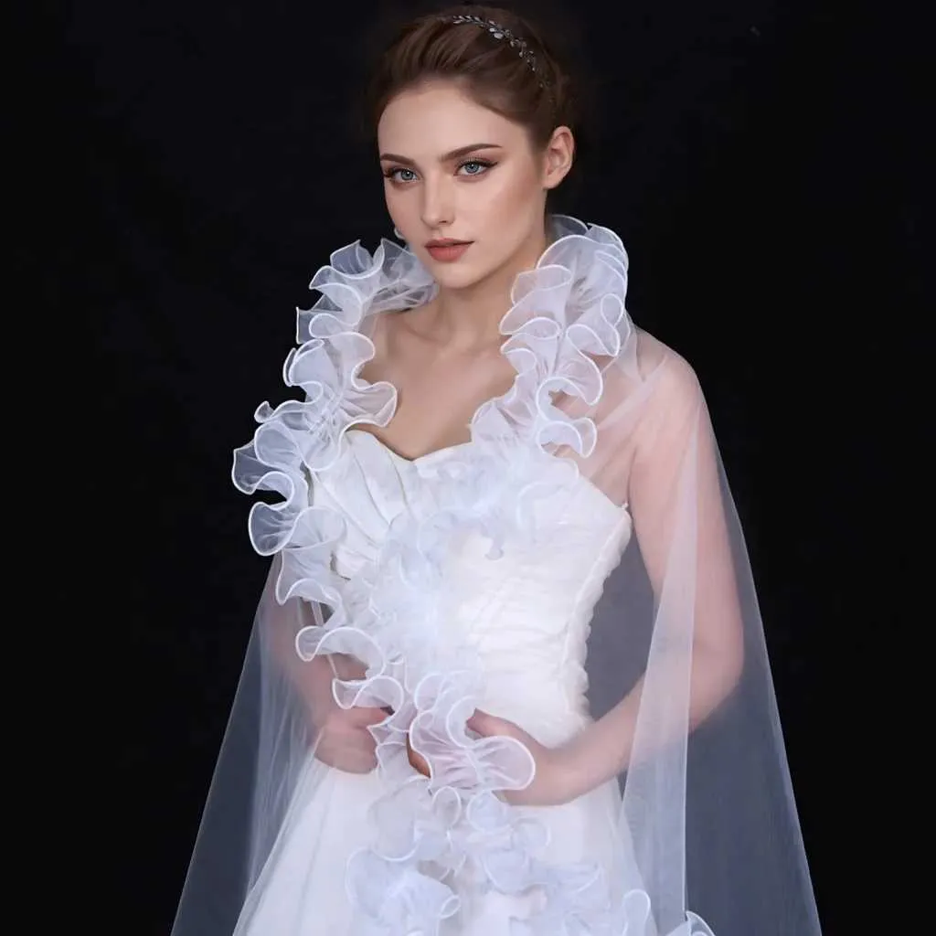 Haarschmuck V212 Brautschleier mit schicken Rüschen KEIN KAMM Schleier Bolero Schal abnehmbares Hochzeitsaccessoire_voghion.com