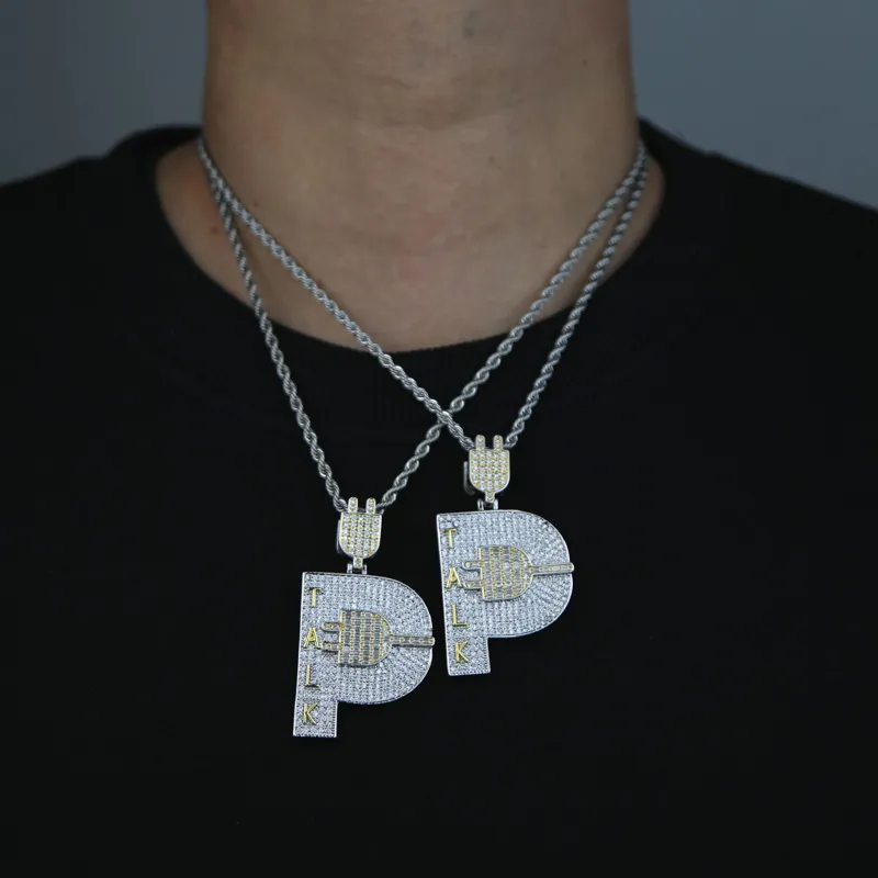 Chaînes Plaqué Or Hip Hop Hommes Bijoux Micro Pave Iced Out Bling Cubique Zircone Pavé Lettre P Forme Talk Plug Pendentif_voghion.com