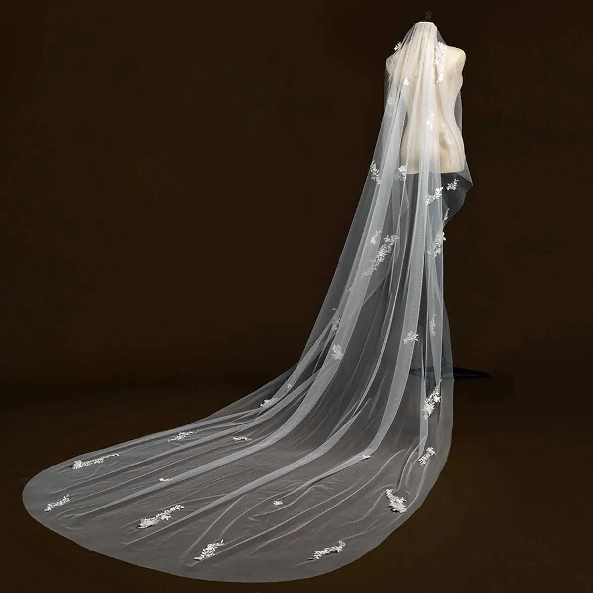 Gioielli per capelli, elegante velo da sposa con perline in pizzo, fiore 3D, lungo, cattedrale, morbido, illusione, con pettine, accessori per la sposa._voghion.com