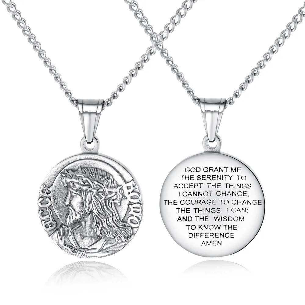 Collana con ciondolo con motivo Gesù inciso in acciaio inossidabile 316, gioielli religiosi da uomo e da donna_voghion.com