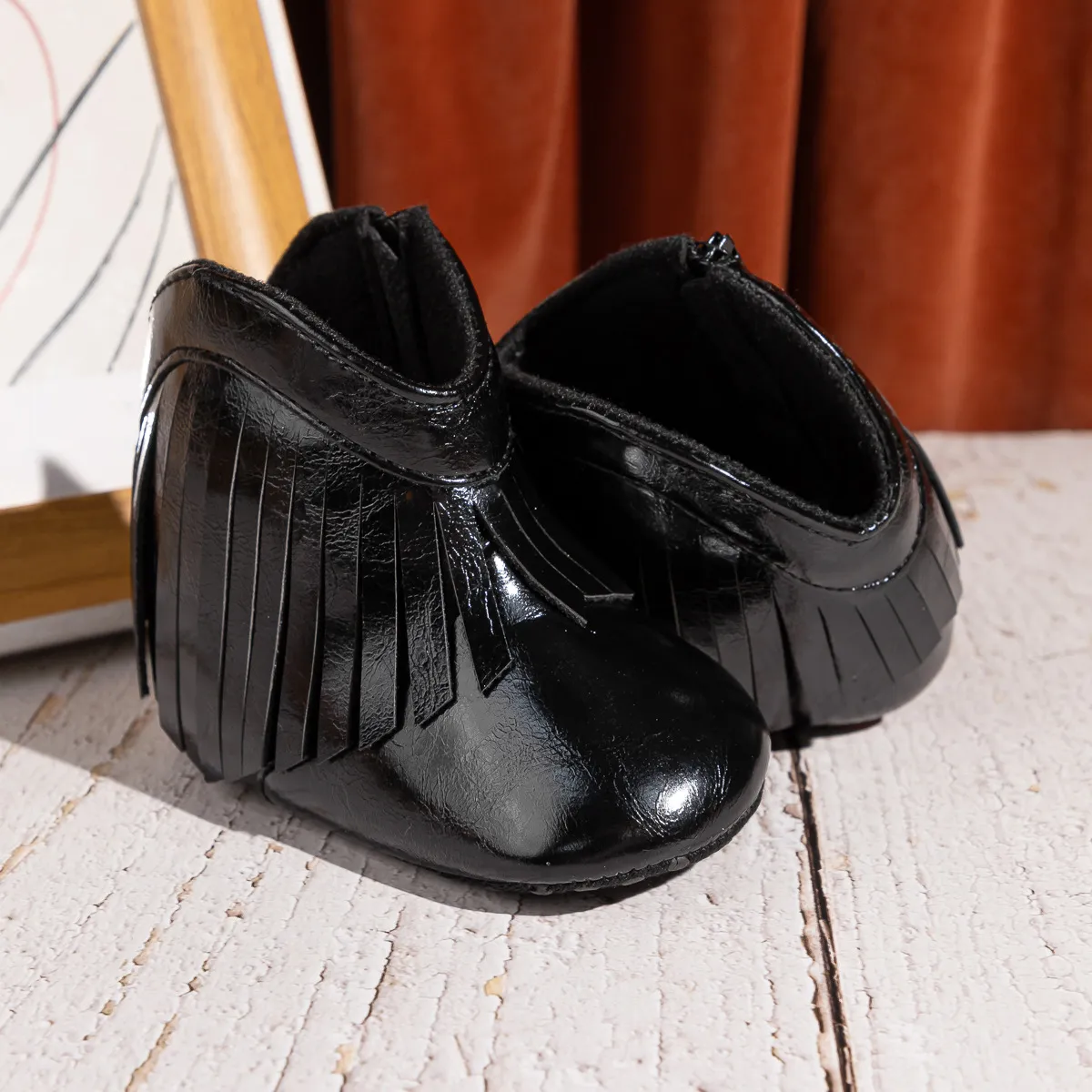 Botas de inverno para meninas com borla de couro PU para bebês, zíper lateral, sola macia, antiderrapante, quente, para primeiros passos_voghion.com