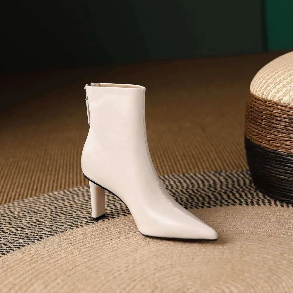 Cow Leather Pointed Toe High Heels Zipper Modern Warm Winter Shoes Concise Fashion Solid Elegant Ankle Boots_voghion.com